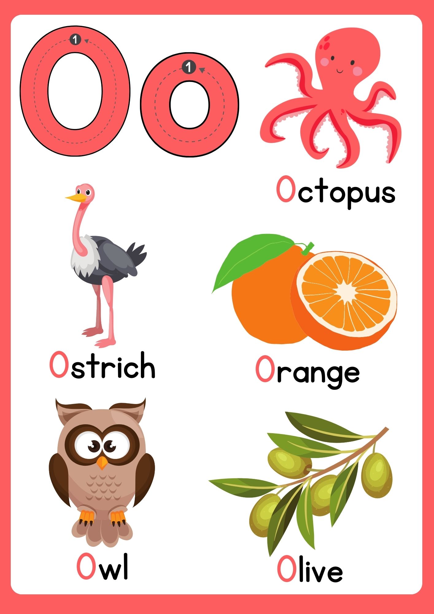 Letter o flashcard with words 3